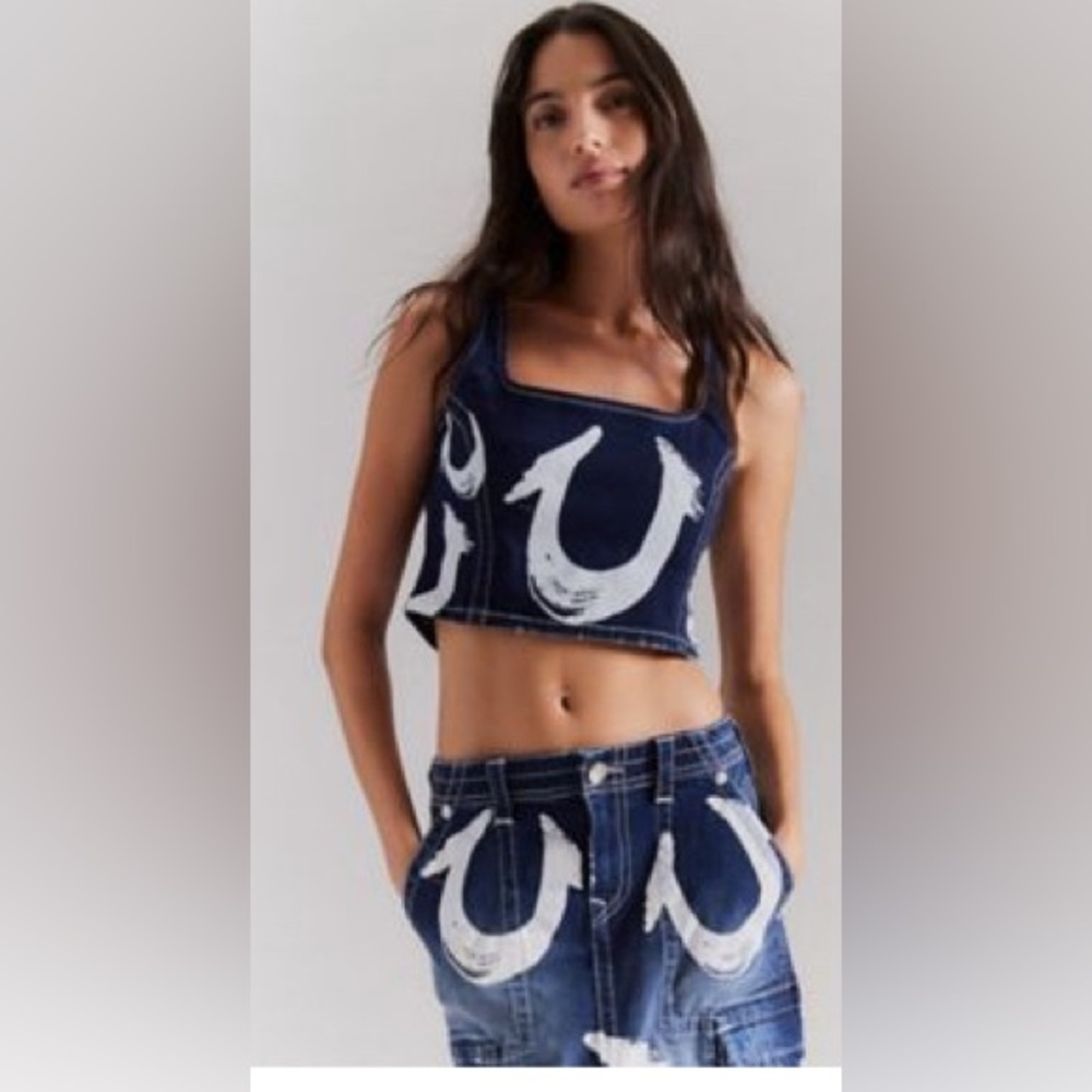 NWT True Religion UO Exclusive Painted Horseshoe Denim Buster Top